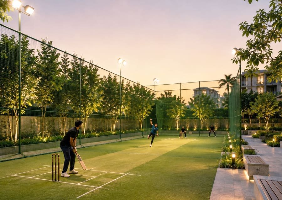 Box cricket turf at Codename T Square, Tathawade, Pune — indicative amenity render
