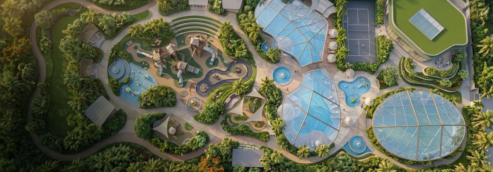 Aerial view of the resort-style podium with covered pools, courts, play areas and landscaped lawns at Codename T Square — artist's impression