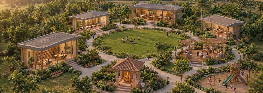 Landscaped gardens and pavilions at Codename T Square, Tathawade, Pune — indicative amenity render