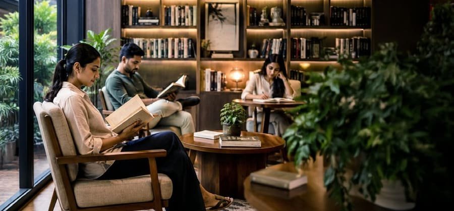 Library and reading lounge at Codename T Square, Tathawade, Pune — indicative amenity render