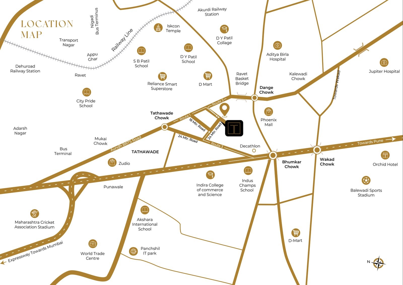 Location map of Codename T Square, Tathawade, Pune — the site marked on the 24 m road between Tathawade Chowk and Bhumkar Chowk, with Wakad Chowk, Dange Chowk, Punawale, Ravet, the Mumbai–Pune Expressway and the Aundh BRTS Road around it.