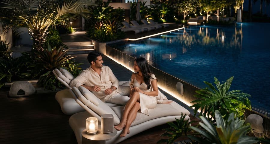 Poolside lounge deck at Codename T Square, Tathawade, Pune — indicative amenity render