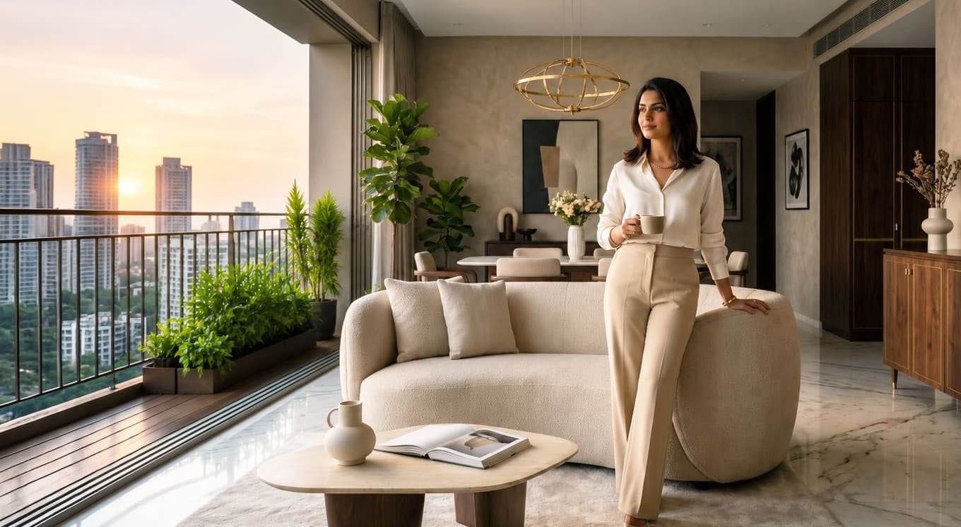 Living space opening on to a planted balcony at Codename T Square, Tathawade, Pune — indicative render