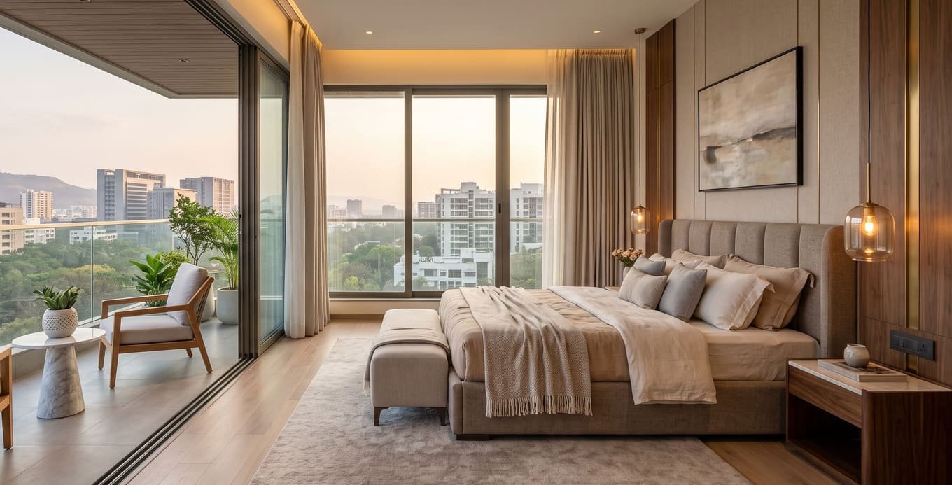 Bedroom interior with a city view at Codename T Square, Tathawade, Pune — indicative render