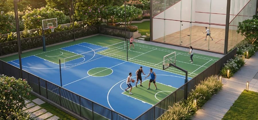 Multipurpose sports court at Codename T Square, Tathawade, Pune — indicative amenity render
